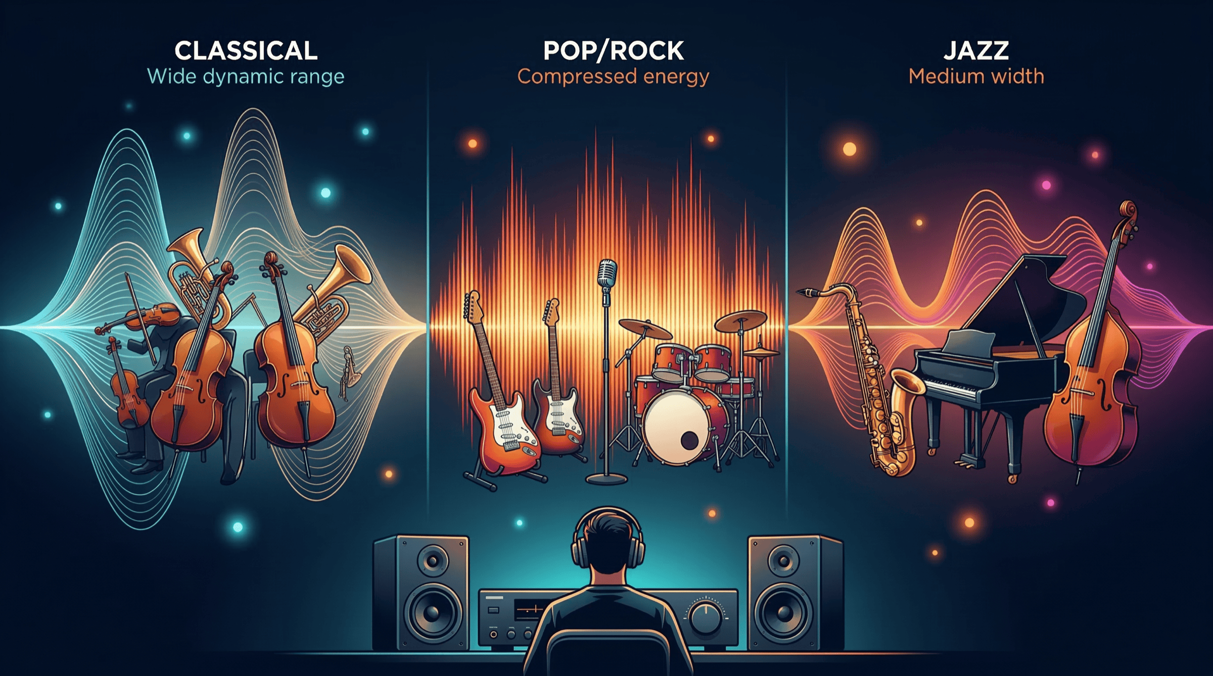 장르별 다이내믹 레인지 차이를 비교하는 청취 장면