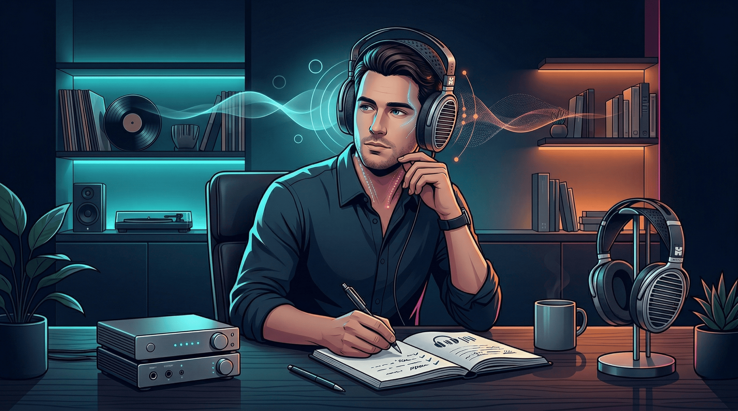 플래너 마그네틱과 정전형 드라이버를 비교 학습하는 흐름 장면